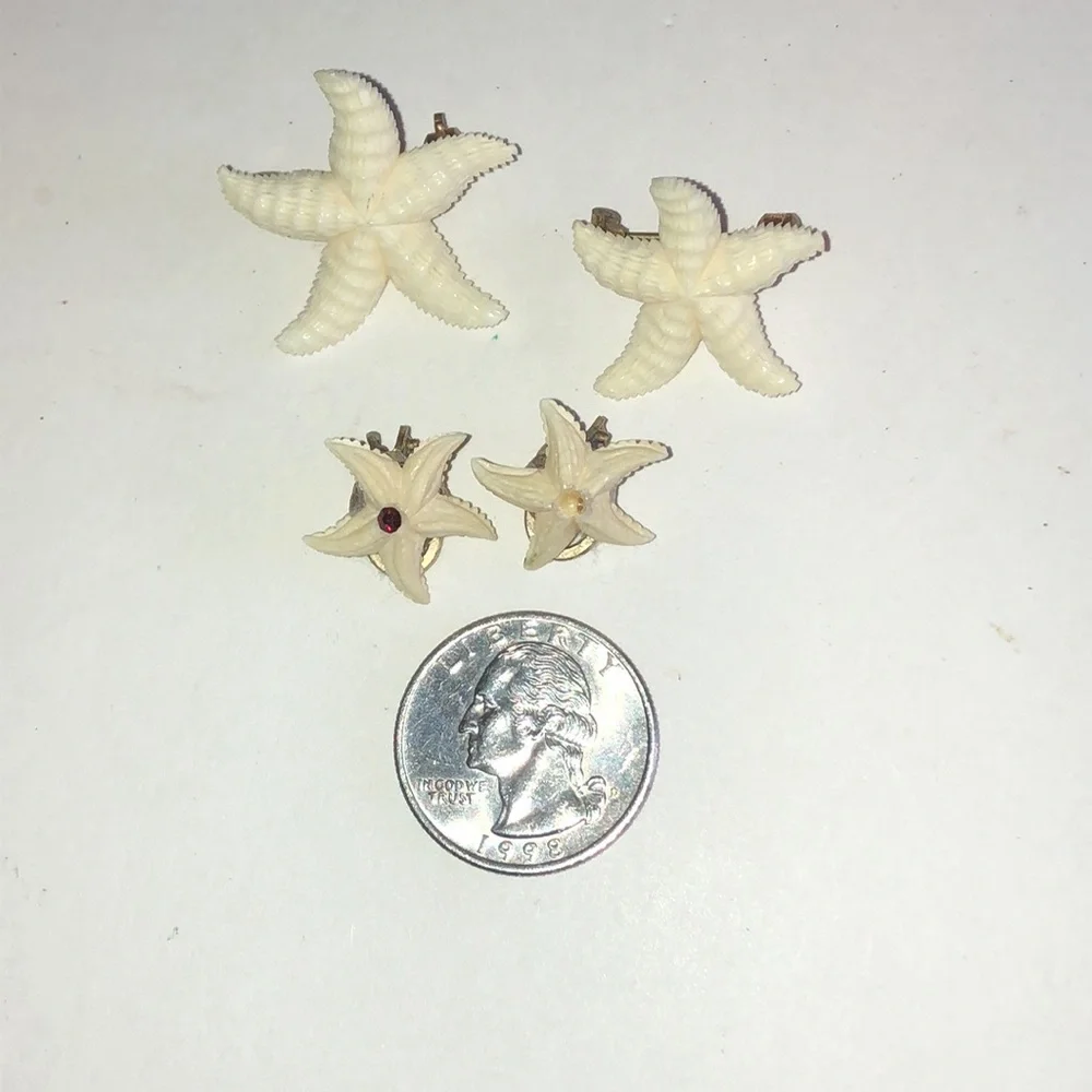 Vintage Carved Cream Starfish Earrings and Pins Set